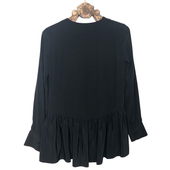 Tibi Blouse Black Silk Peplum V Neck Button Cuffs High Low Top Long Sleeve 2 - Picture 2 of 10